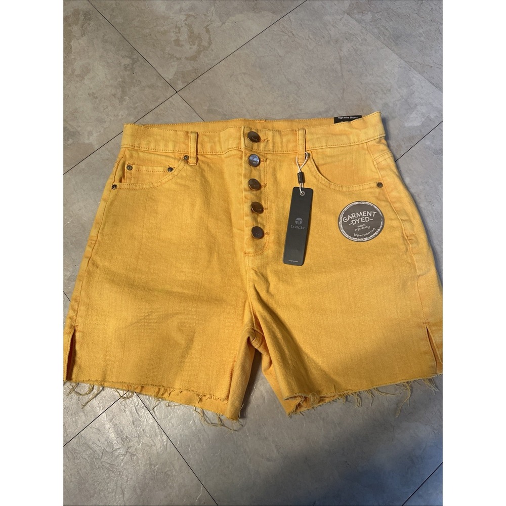 Tractr Women's High Rise Slim Denim Shorts Button Fly Raw Hem Turquoise Sz 6